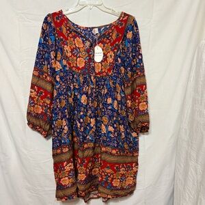 Colorful floral print, boho-style babydoll mini dress.